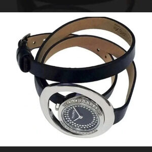 Haurex Italy Lady Watch Original Watch Not Working Silver Crystal Black Leather